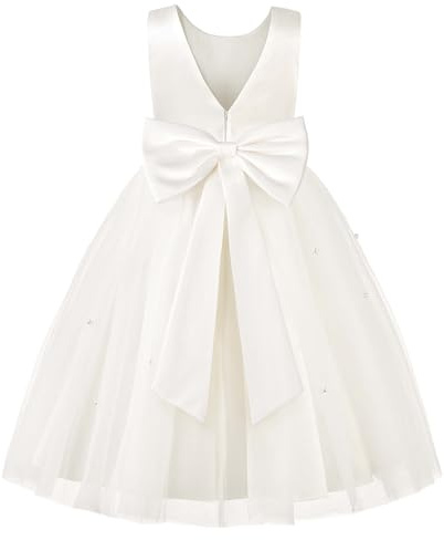 JerrisApparel Flower Girls Dress Wedding Satin Dresses Princess Birthday Party Prom Ball Gown (5T, Ivory)