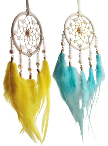 MYGLOAR 2 pièces d'attrape-rêves, attrape-rêves en plumes faits à la main, pour filles et enfants comme cadeaux,décorations murales de voiture suspendues pour chambre d'enfant (Jaune + Bleu)