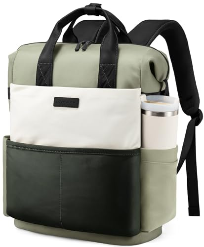 LOVEVOOK Ryggsäck för kvinnor, laptop ryggsäckar med laptopfack, skolryggsäck, skolväska, ryggsäck, dagväska, vattentät för skola, resor, universitet, företag (Grön-beige, 15,6 tum)
