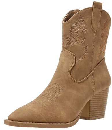 MlYJmer Botines de Punta Puntiaguda con Bordados para Mujer, Botas Vaqueras de tacón Alto y Grueso, sin Cordones,Marrón,38 EU