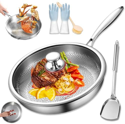 2026 Padelle Titanio Puro, 26/28/30 Cm Padella Martellata in Titanio, Padella Non Rivestita, Multifunzione, Ultra Resistente, Antigraffio, Antiaderente per Tutte Le Stufe (26 cm,Con coperchio)