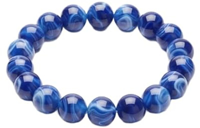 WORLD WIDE GEMS Bracelet en ambre naturel de la Baltique, perles rondes bleues lisses de 14 mm, 18 cm, extensible, élastique, fait main, léger, en résine fossilisée polie |WW_1B_00159