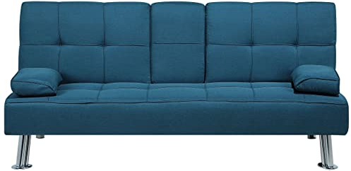 Beliani 3-Sitzer Schlafsofa Stoffbezug blau mit integriertem Tisch Klapparmlehne Roxen