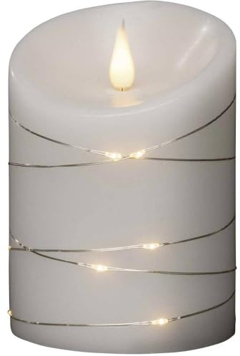 Konstsmide LED Echtwachskerze, weiß, mit 3D Flamme und silberfarbenem Draht umwickelt, mit 4h und 8h Timer, 1 warm weiße Diode / 15 LED Tropfen, batteriebetrieben, Innen - 1844-190