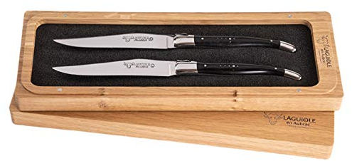Holz-Leute Original Laguiole en Aubrac Steakmesser, Set aus 2 Steakmessern, Griff aus edlem Ebenholz, Original aus Frankreich, inklusiver schöner Aufbewahrungsbox aus Holz und Zertifikat