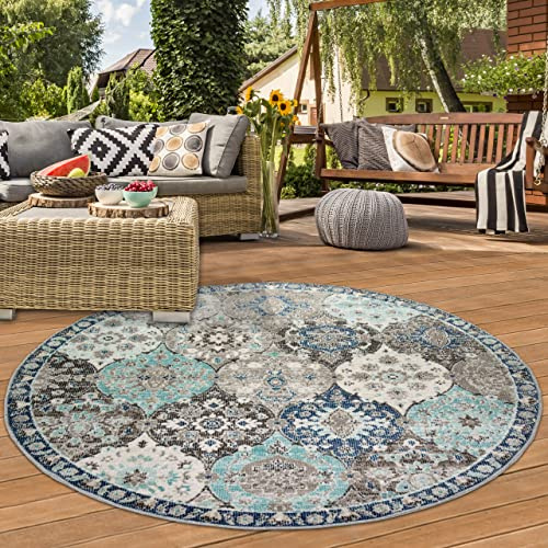 Teppich-Traum RUNDER Orientteppich für Indoor Wohnzimmer & Outdoor Balkon | wunderschöne Ornamente | grau blau Größe 200 cm rund