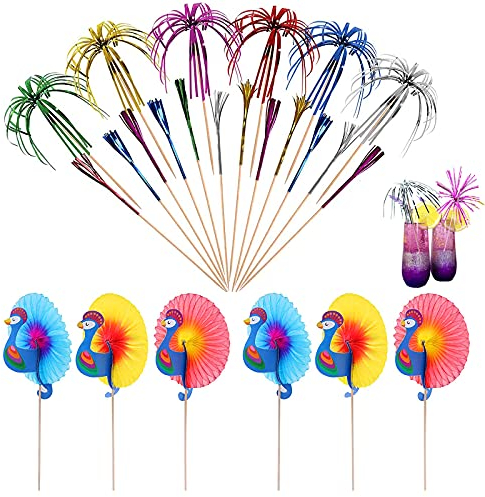 150 Stück Cocktail Sticks Bunt Cocktailspieße Pfau und Feuerwerk Sticks Sandwich Cocktail Picks Cupcake Topper Zahnstocher für Kuchen Dekoration Holzsticks für Obst Cocktails Cupcakes