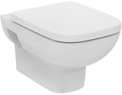 Ideal Standard – i.life A Pack Inodoro a pared, Diseño angular, Inodoro sin reborde (RimLS+), Asiento con cierre amortiguado, en acabado blanco brillante