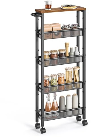 VASAGLE Slim Rolling Cart, 5-Tier Storage Cart, Narrow Carts with Handle, 5.1 Inches Deep, Metal Frame, for Kitchen, Dining Room, Living Room, Home Office, Rustic Brown and Classic Black ULRC034B01