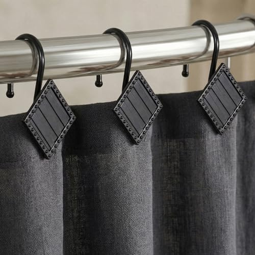 Black Decorative Shower Curtain Hooks and Rings - Rust Proof Metal Geometric Diamond Design - Modern Farmhouse Shower Curtain Hangers - Set of 12