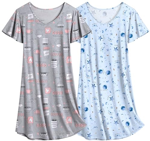 Ekouaer Camicia da Notte Donna Floreale in Due Pezzi Indumenti da Notte caffè e Stelle M