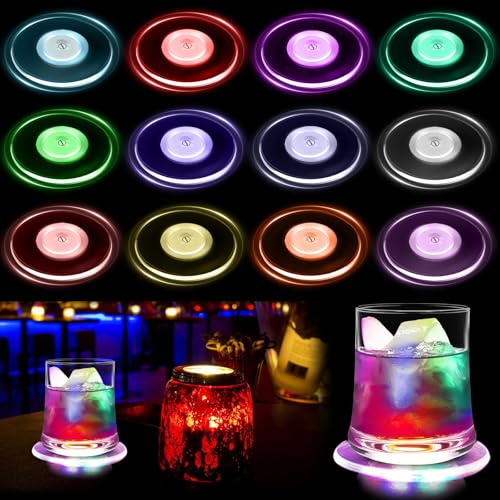 12 Stück Bunt LED Untersetzer: Ø 10cm LED leuchtende untersetzer, Leuchtuntersetzer Rund, Blinkende Farbe, Leuchtende Untersetzer Acryl, LED Untersetzer Glas für Partys Hochzeiten Bar Geburtstage