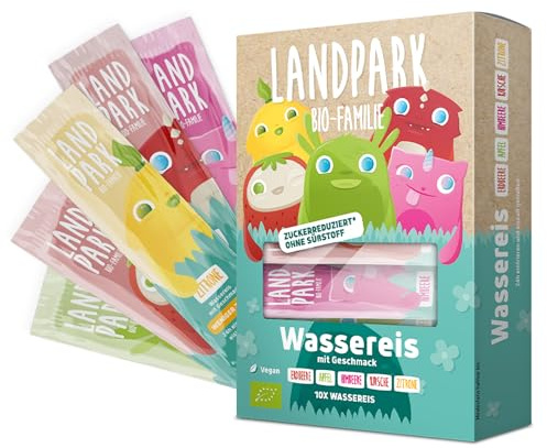 Landpark Bio-Wassereis 10x 40 ml - Unser Wassereis enthält kaum Zucker - 100% Bio Qualität - 5 Geschmacksrichtungen (Erdbeere, Himbeere, Apfel, Kirsche, Zitrone) - Das perfekte Eis für den Sommer