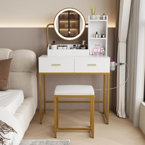 YU YUSING Toeletta Trucco con LED Specchio, Sgabello, 2 Cassetti e 5 Ripiani da Toilette, Supporto per Asciugacapelli, Postazione Trucco, Vanity Desk for Makeup da Letto, Oro