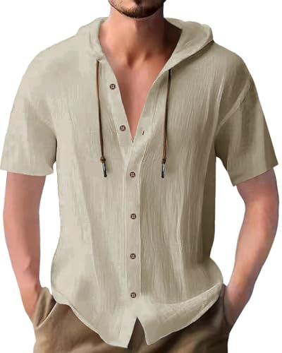 PRIVIMIX Chemise pour Hommes Manches Courtes Boutonnée Chemises à Capuche Lin Coton Regular Fit Été Plage Shirt