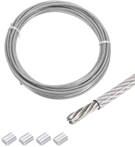 QUARKZMAN Drahtseil Edelstahl 5M x 3 mm Stahlseil PVC ummantelt mit 4 Aluminiumhülsen Sicherungsdraht Aufhänger für Bilder Vorhang Geländer Outdoor Gartenmöbel Sonnensegel, Transparent