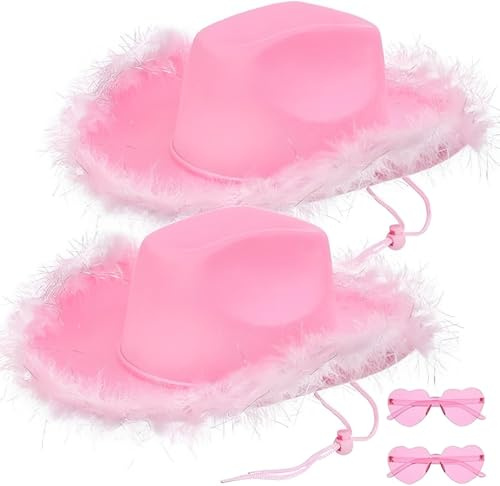 YEOVIBL Cowgirl-Hut und Brille, pinkes flauschiges Cowboyhut-Set, glitzernde Cowgirl-Hüte mit Federkrempe, verstellbarer Hals-Kordelzug, perfekt für Halloween, Verkleidungspartys und