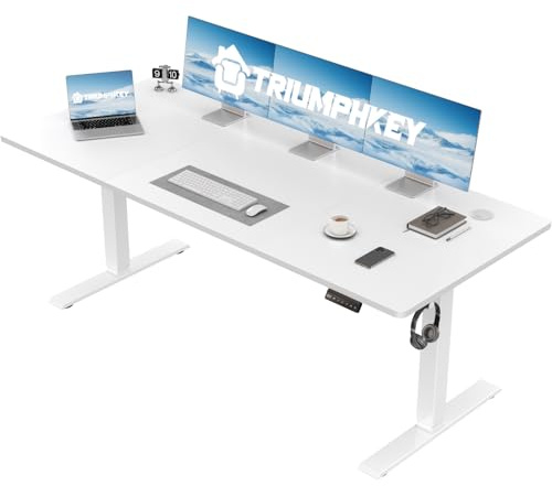 TRIUMPHKEY scrivania regolabile in altezza 110x60cm, piccola scrivania da computer salvaspazio, ideale per ufficio studio e gaming in camera da letto, Bianco