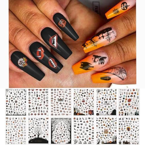 EBANKU 12 Blätter Halloween Nail Art Sticker, 1500+Muster 3D selbstklebend Kürbis Spinne Schädel Geist Hexe Design Nagelkunst Dekoration für Party