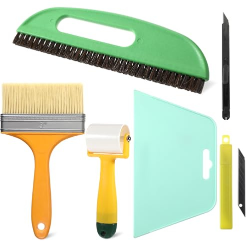 Wallpaper Smoothing Tool Kit, Wall Paper Stick Tool Set, with Wallpaper Paste Glue Brush, Multiuse Wallpapers Squeegee, Seam Roller, and Cutting Tools, for Peel and Stick Wallpapers Vinyl Window Film