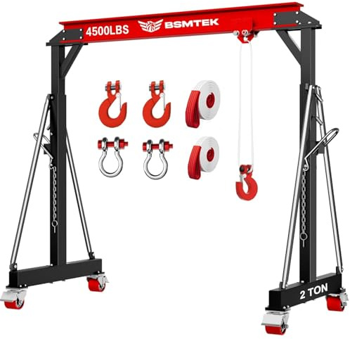 BSMTEK 2 Ton Gantry Crane 4500lbs Capacity, 2026 Upgraded Adjustable Height (8.53-12.47 FT), Width (6.56 FT), Steel I-Beam Construction, Portable Shop Hoist for Factories, Warehouses, Auto Repair, Red