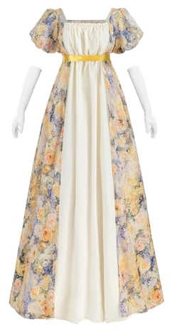 FCCAM Regency Robe victorienne Jane Austen pour femme Robe longue vintage Robe de bal avec gants Taille empire, L