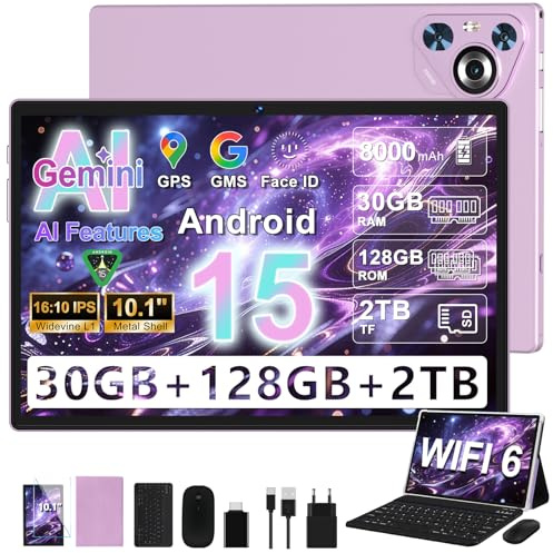 Dghrti 2026 Android 15 Tablet 10 Zoll IPS HD Display [30GB RAM] 128GB + TF 2TB - Octa-Core, 8000mAh, Metallgehäuse, 5MP+8MP, WiFi6, Face ID, Widevine L1 - Tablet Mit Tastatur Und Maus - Violett