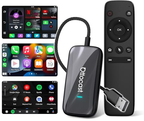 OTTOCAST Play2Video Ultra con Mando a Distancia, 2026 Adaptador inalámbrico CarPlay y Android Auto con Netflix/Youtube/IPTV/Prime Video Integrados, Android 12.0 AI Caja para Coches con CarPlay Cable