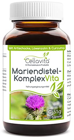Cellavita Mariendistel Komplex Vita (Mariendistelextrakt) Extrakt mit Mariendistel, Artischocke, Löwenzahn und Curcuma | natürlich & vegan (120 Kapseln)