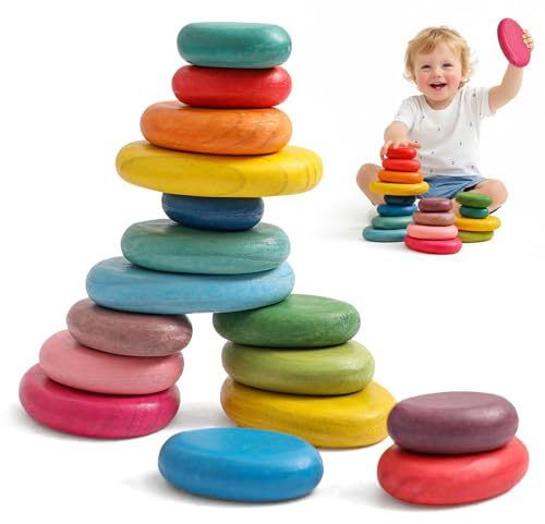 OESSUF Extra-Large Stacking Rocks for Toddlers 1-3, 16 PCS Wooden Montessori Toys, Safe Smooth Jumbo Balancing Stones for Open-Ended Sensory Play, STEM Building Blocks for Boys & Girls
