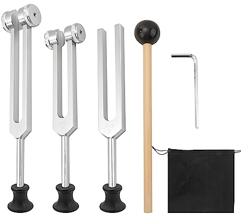 KEJJNYER Stimmgabeln für Heilung, 128 Hz, 256 Hz, 512 Hz, Stimmgabel, Heilinstrument mit Reflexhammer, Gabel aus Aluminiumlegierung für essentielles Yoga, medizinische Heilungen, Silber, 3 Stück