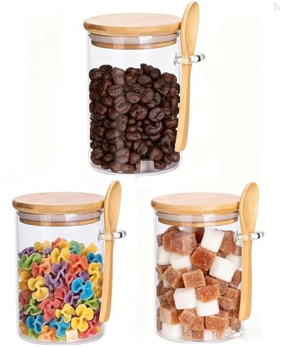 Surplex 3-teiliges Glasbehälter mit luftdichtem Deckel und Löffelhülsen für die Aufbewahrung, Haferbehälter mit Deckel, Badesalzbehälter, 530 ml, dekoratives Glas für Kaffee, Tee, Zucker, Gewürze