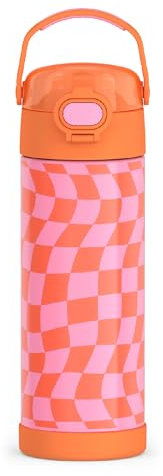 THERMOS FUNTAINER 16 Ounce Stainless Steel Vacuum Insulated Bottle with Wide Spout Lid, Wavy Checkers Orange