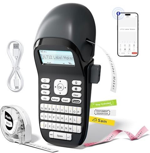 Phomemo Impresora de etiquetas LT12, dispositivo portátil Bluetooth de mano autoadhesivo con teclado QWERTZ y fácil edición de texto, ideal para la oficina o el hogar, color gris