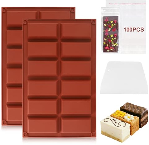 Realjoy 2 Pcs Deep Chocolate Bar Moulds,Reusable 12-Cavity Silicone Chocolate Mould,Non-Stick Big Chocolate Mold with Scraper and 100 Pack Bags,DIY Dessert,Chocolate,Energy Bar, Candy Molds