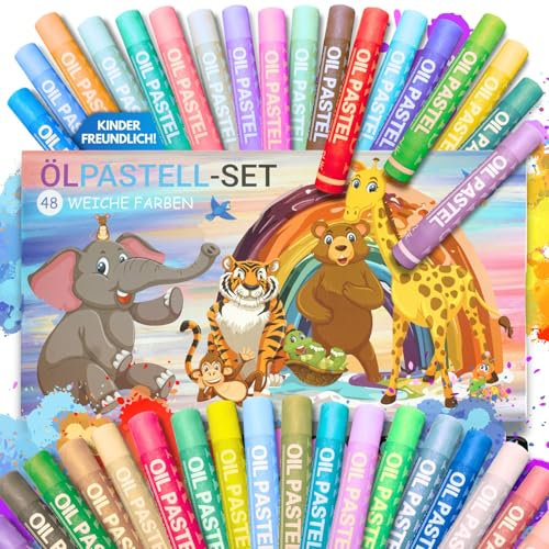 Ölpastellkreide für Kinder, 48er Set im kinderfreundlichen Design, weiche Farben, leicht zu malen, perfekt für Kindergarten, Schule, Kunstprojekte und Hobbymaler, schadstofffreie Farben | Tierwelt
