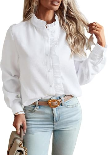 DSAoTeng Women Ruffle Trim Button Down Mock Neck Long Sleeve Shirts-Casual Elegant Striped Frill Collared Blouse Top Fall Office Workwear (White,XL)