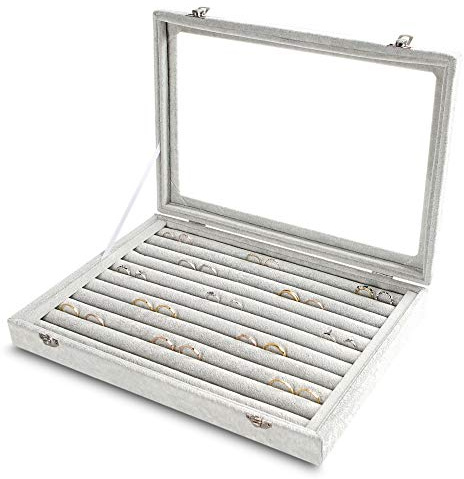 Frebeauty 10 Slots Ring Organiser Tray,Velvet Ring Box with Clear Lid