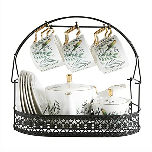 Juegos de té con Tetera, Juegos de té de cerámica Vintage de 15 Piezas para la Tarde, Juego de Taza de café y platillo de Porcelana con Soporte de Metal, Loro y Plantas Verdes