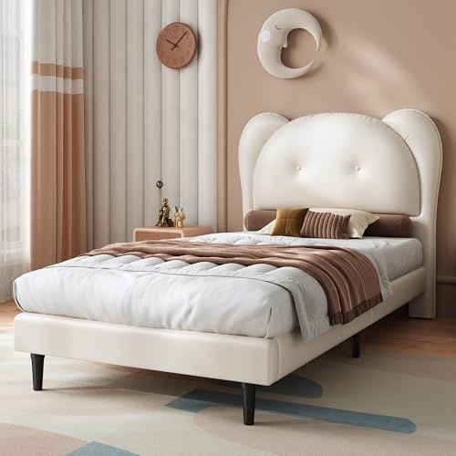 Merax Lit d'enfant 90 x 200 cm - Cadre de lit simple avec tête de lit en forme de tête d'ours - Sommiers à lattes solides - Dossier rembourré - Lit pour adolescents et garçons - Lit pour garçons et