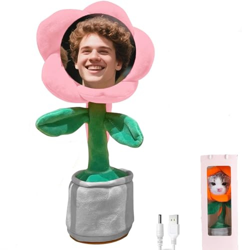 Personnalisé Fleur de Danse avec Visage , Jouet de Tournesol Chantant Dansant Parlant avec Enregistrement Vocal, Convient pour Les Anniversaires, fêtes et Cadeaux personnalisé (Rose)