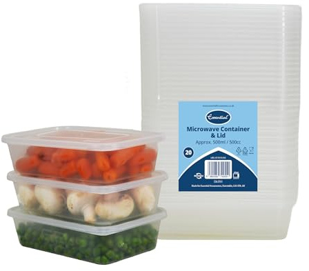 Euro Classic Essential Housewares - 20 contenitori per alimenti in plastica con coperchio, 500 ml, senza BPA, a prova di perdite, contenitori per la preparazione dei pasti, riutilizzabili, contenitori