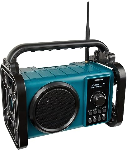 MEDION P66220 Baustellenradio mit Bluetooth 5.0, PLL UKW Radio, Spritzwassergeschützt (IP44), Robustes Gehäuse, LED-Arbeitslicht, integrierter Akku