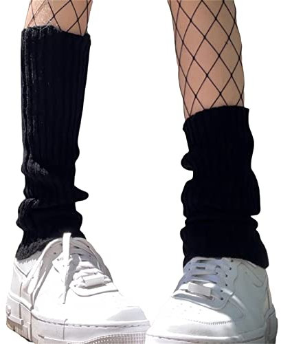 Seyurigaoka Damen-Beinstulpen im japanischen Stil, Y2K, gestrickt, lange Socken, Leggings, Mädchen, 90er Jahre, Harajuku, Gothic, gestapelte Beinstulpen, Schwarz-kurz, Einheitsgröße
