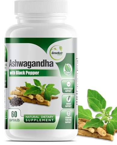 GreeNatr Organic Ashwagandha Capsules with Black Pepper for Enhanced Absorption - Mood Enhancer with Energy and Cognitive Function - 1300 mg Veggie Capsules (1 Bottle)