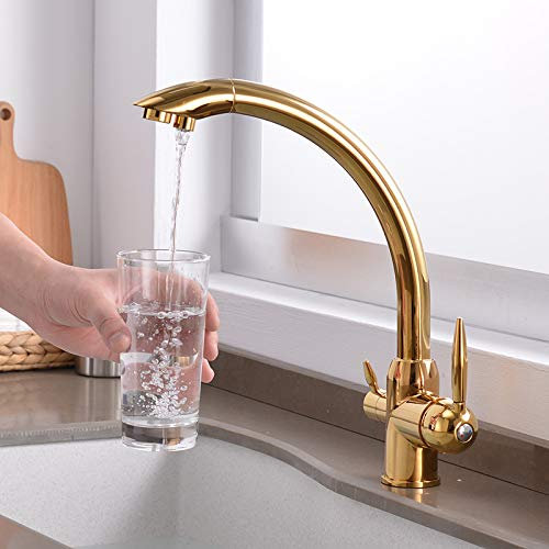 Küchenarmaturen, goldene Trinkwasserfilter-Wasserhähne, Spülbecken-Mischbatterie mit Luftsprudler, Deckmontage, 360-Grad-Drehgelenk, Doppelgriff, gefilterter Kran für die Küche, 3-Wege