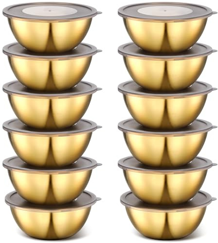 Nuogo 12 Stück 17 cm goldene Edelstahl-Rührschüsseln mit luftdichtem Deckel, stapelbare Metall-Servierschüsseln für Kosmetiker, Gesichtsschüsseln für Salat, Obst, Suppe und Küchenvorbereitung