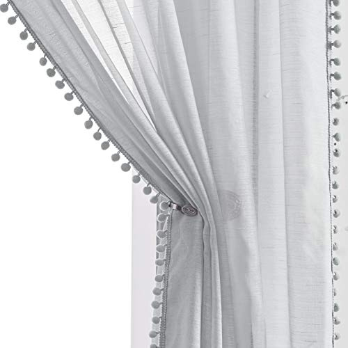 Treatmentex Durchscheinende Vorhänge mit Pompons für Wohnzimmer, 140 x 175 cm