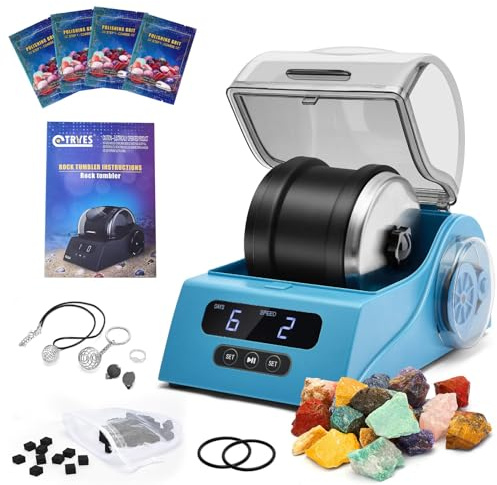 Tryes Rock Tumbler Kit Erwachsene - Rock Polierer Tumbler mit Rauschunterdrückungsabdeckung, Geschwindigkeits- und Timer-Steuerung, inklusive 4 Polierkörnungen, rauen Edelsteinen, Lernanleitung usw