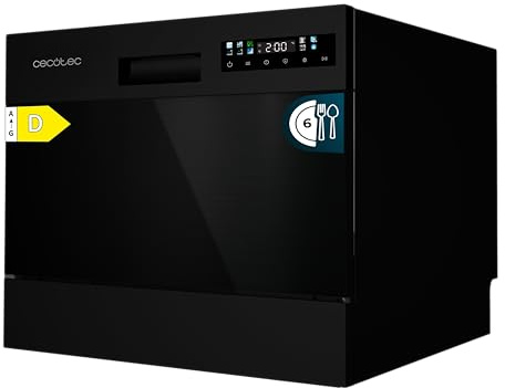 Cecotec Lavavajillas Compacto Libre Instalación 6 cubiertos Bolero Aguazero 2300 Dark. 6 Cubiertos, 8 Programas, Clase D, Touch Panel a Color, Delay Start, Función Pre-Wash, Dry+, Germ Shield